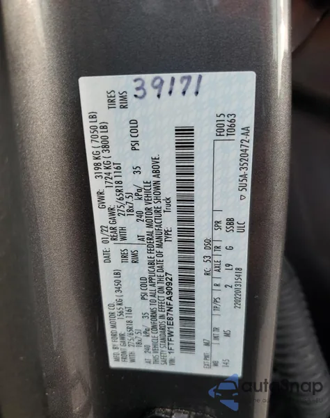 2022 Ford F150 Supercrew z USA, uszkodzony, nr VIN 1FTFW1E87NFA90927